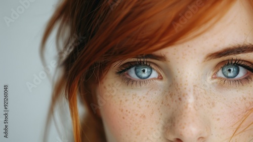 Close-Up Portrait of a Young Woman With Red Hair and Blue Eyes Against a Neut...