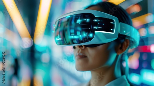 Woman Wearing Advanced Augmented Reality Glasses in a Modern Office Environment