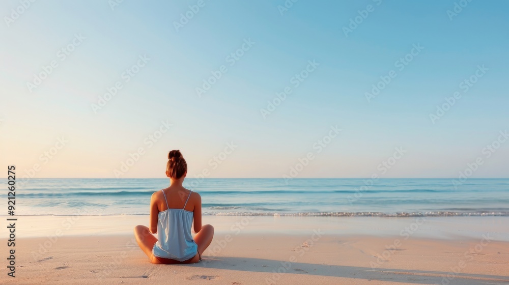 Woman Meditating on Sandy Beach With Calm Ocean Waves in the Background Woman Meditating on Sandy Beach With Calm Ocean Waves in the Background