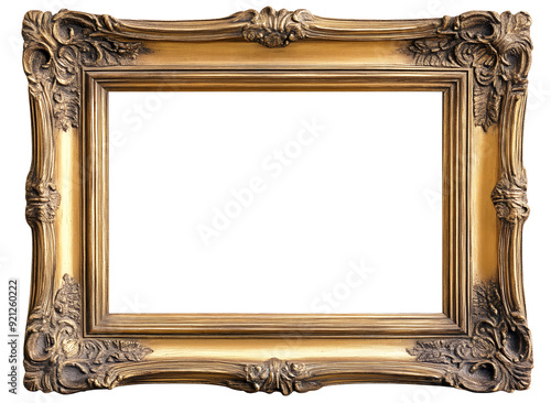 European style gold leaf wood frame isolated on a white or transparent background. 3:2 ratio for photo, image, picture, art, or painting. 