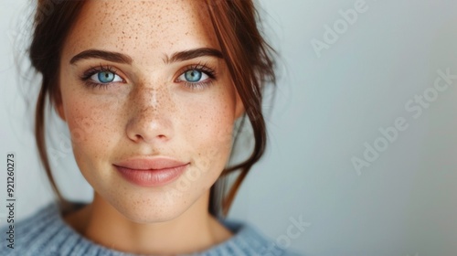 Close-Up Portrait of a Young Woman With Red Hair and Blue Eyes Against a Neut...