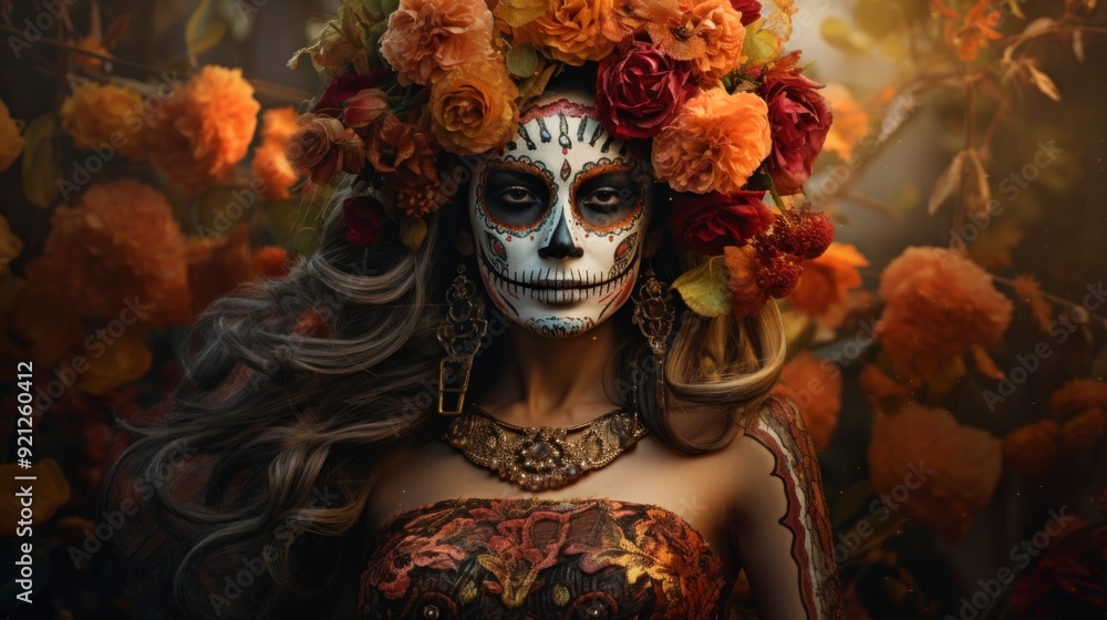 A woman with a sugar skull makeup and a crown of orange flowers poses for the camera. She is wearing a traditional Mexican dress. The background is blurred and consists of more orange flowers. A woman with a sugar skull makeup and a crown of orange flowers poses for the camera. She is wearing a traditional Mexican dress. The background is blurred and consists of more orange flowers.
