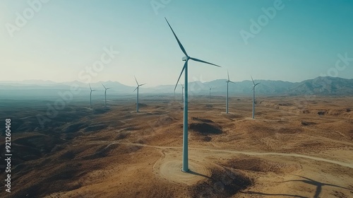 Aerial view of wind turbines in a desert landscape, with the stark contrast between the arid land and the clean energy they produce.