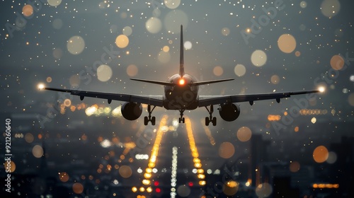Airplane Landing at Dusk Over Urban Cityscape With Illuminated Runway Lights