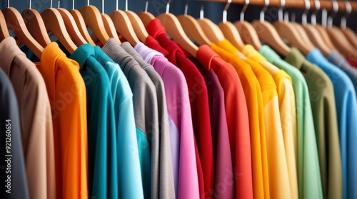 Wallpaper Mural  A close-up of a closet filled with colorful shirts hanging on wooden hangers. The shirts are arranged in a rainbow pattern, with each color flowing into the next. Torontodigital.ca