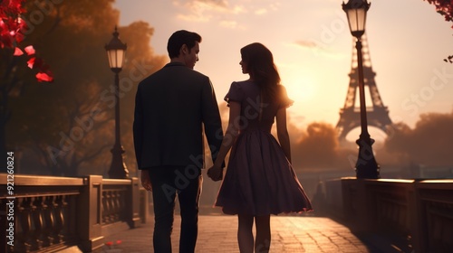  A couple is walking along a bridge in Paris, with the Eiffel Tower in the background. The sun is setting and the couple is silhouetted against the sky. The bridge is made of stone and has a railing.  photo