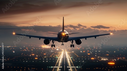 Airplane Landing at Dusk Over Urban Cityscape With Illuminated Runway Lights