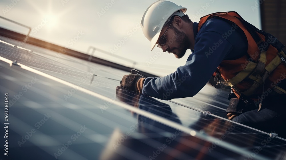 A worker on a rooftop is installing solar panels. He is wearing a hard hat and a safety vest and is carefully working on the panels. The sun is shining brightly in the background. A worker on a rooftop is installing solar panels. He is wearing a hard hat and a safety vest and is carefully working on the panels. The sun is shining brightly in the background.