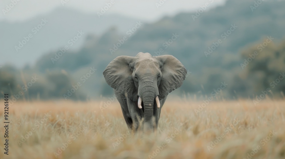 Naklejka premium Elephant Walking on Dusty Trail in African Savannah During Daylight