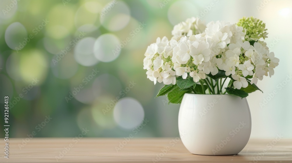 White Hydrangea Bouquet in Simple Vase on Wooden Table Background White Hydrangea Bouquet in Simple Vase on Wooden Table Background