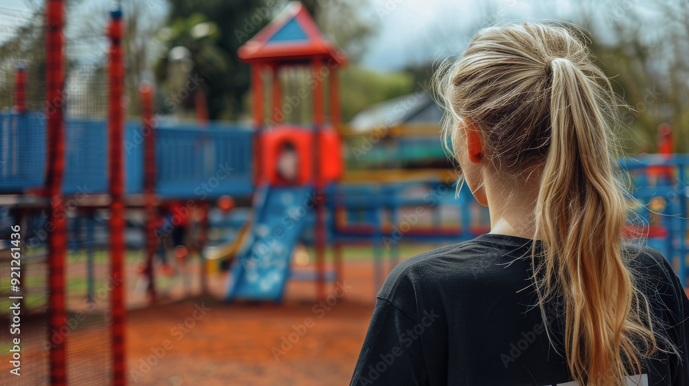 Young mother on the playground, view from the back. Young mother on the playground, view from the back.