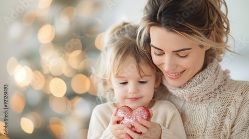 Mother and Daughter Smiling Together Holding a Red Heart in Bright Kitchen