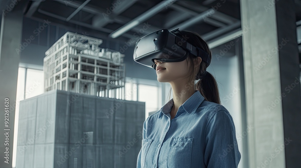 Asian female engineer using VR to explore a 3D model of a building with precast concrete, highlighting BIM in a futuristic setting. Asian female engineer using VR to explore a 3D model of a building with precast concrete, highlighting BIM in a futuristic setting.