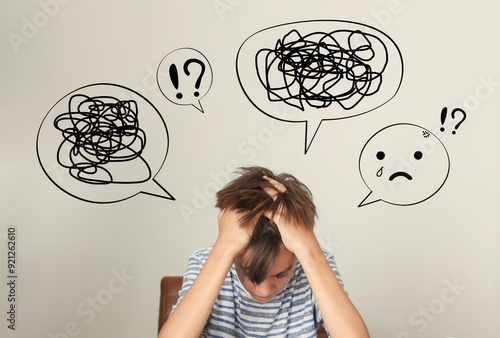 Teenager issue, Confused messed up thoughts bubble line art icon set. Sad depressed mental state before therapy, brain overthinking in teenager concept. photo