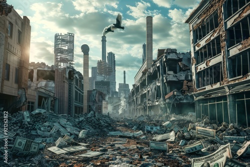 A city lies in ruins, with buildings destroyed. A bird flies above the scene, highlighting the impact of hyperinflation, Illustrate the consequences of hyperinflation on a fictional world