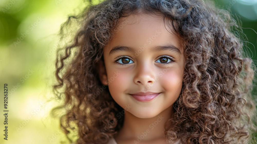 A happy young girl with curly hair looking directly at the camera, suitable for use in portraits or family photos. A happy young girl with curly hair looking directly at the camera, suitable for use in portraits or family photos.