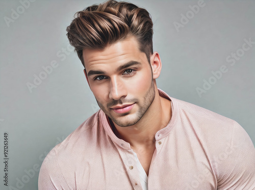 A man with a short haircut and a pink shirt