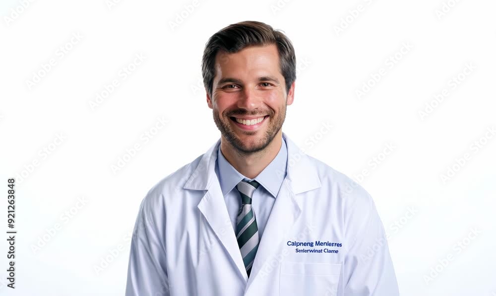 Portrait of a smiling doctor with white coat and tie on white background Portrait of a smiling doctor with white coat and tie on white background