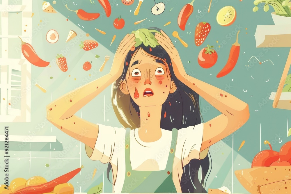 A woman is standing in front of a variety of vegetables in a kitchen, Illustrate the feeling of anxiety and fear that comes with food allergies A woman is standing in front of a variety of vegetables in a kitchen, Illustrate the feeling of anxiety and fear that comes with food allergies