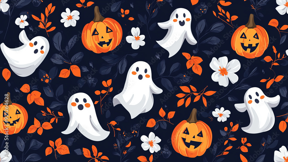 Halloween-themed top view of pumpkins, flowers, and ghost decorations on a dark background. Halloween-themed top view of pumpkins, flowers, and ghost decorations on a dark background.