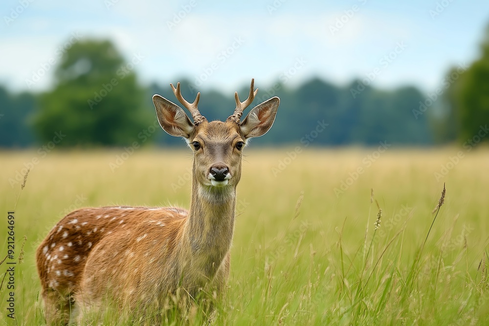 A young deer with small antlers standing alertly in a vast grassy field on a sunny day, embodying tranquility and nature. A young deer with small antlers standing alertly in a vast grassy field on a sunny day, embodying tranquility and nature.