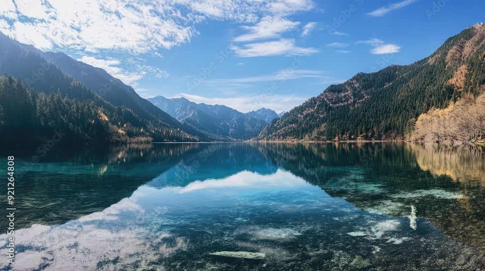 Obraz premium The crystal-clear waters of Mirror Lake in Jiuzhaigou Valley, perfectly reflecting the surrounding mountains and sky.
