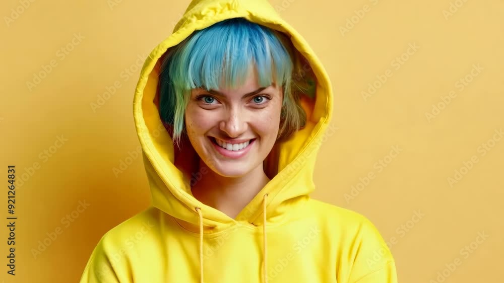 A vibrant model expresses playful energy while wearing a bright yellow hoodie against a warm background A vibrant model expresses playful energy while wearing a bright yellow hoodie against a warm background