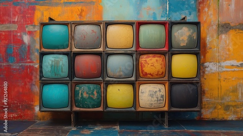 wall of vintage televisions