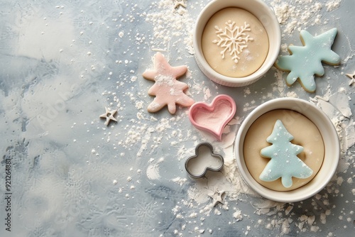 Colorful Iced Cookies in Heart and Tree Shapes on a Dusting of Powdered Sugar