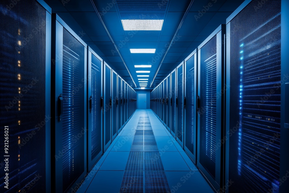 A modern data center server room bathed in blue light showcasing rows of servers, representing advanced technology and order. A modern data center server room bathed in blue light showcasing rows of servers, representing advanced technology and order.