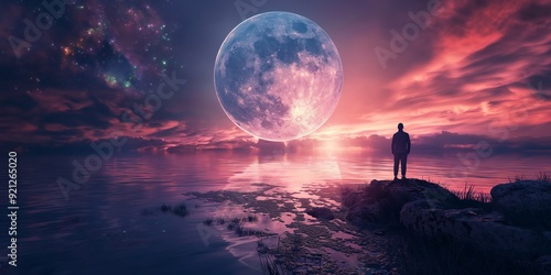 A man gazes at a giant moon rising over the water with stars in the sky, symbolizing wonder, solitude, and cosmic grandeur.