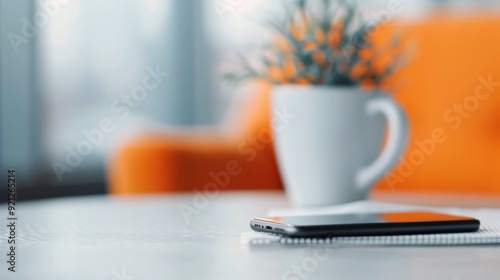 Cozy Living Room With Coffee Mug, Tablet, and Decorative Flowers on a Table