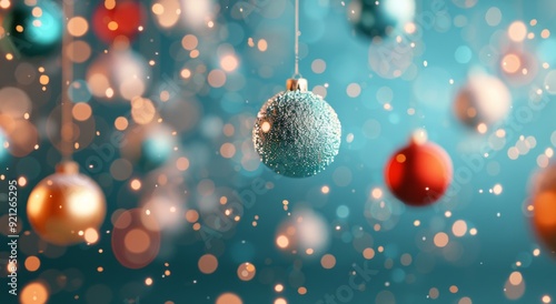 Colorful Christmas Ornaments Hanging Against a Soft Blue Background