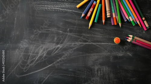 Colorful Crayons and Chalk on Blackboard With Creative Drawings