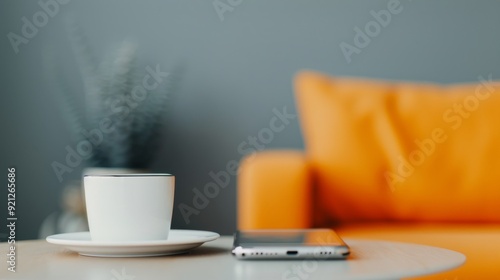 Cozy Living Room With Coffee Mug, Tablet, and Decorative Flowers on a Table