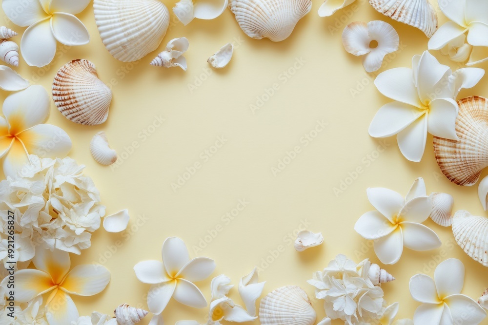 Tropical Christmas Flat Lay with Seashells and Flowers on Light Yellow Background – Festive and Bright Seasonal Decoration Tropical Christmas Flat Lay with Seashells and Flowers on Light Yellow Background – Festive and Bright Seasonal Decoration