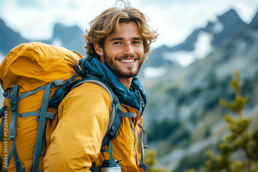 Rear view shot of happy young man with backpack going on a camping Rear view shot of happy young man with backpack going on a camping