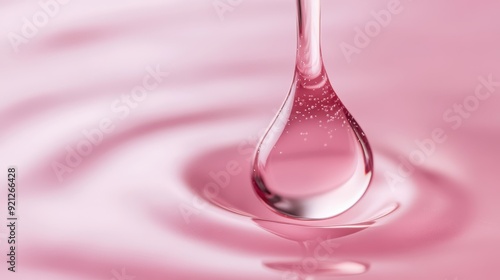 A close-up image capturing the delicate moment when a pink liquid drop meets water, creating gentle ripples that radiate outward, symbolizing impact and resonance. photo