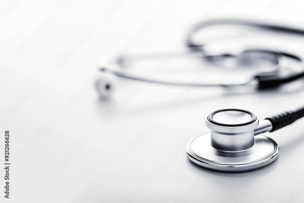 Close-up of a stethoscope on a white background, representing medical equipment and healthcare professionalism. Close-up of a stethoscope on a white background, representing medical equipment and healthcare professionalism.