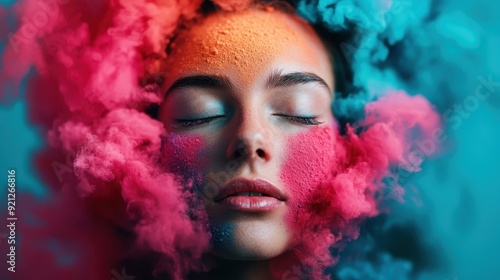 A serene woman's face with her eyes closed is surrounded by vibrant colored powder, creating a dreamy and ethereal atmosphere with striking contrasts and blend of hues.