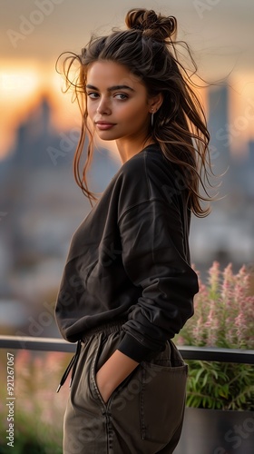 woman long hair standing balcony city background portrait princess golden hour look girl wears leather jacket gorgeous female wearing tracksuit keen influencer black top dusk