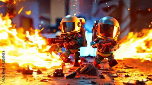 Toy astronauts with flamethrowers in battle photo