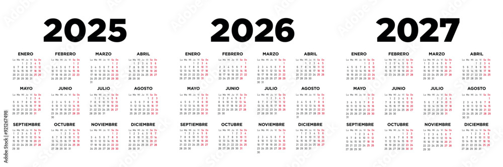 Calendario 2025 2026 2027 en español. Semana comienza el lunes. Sábados y domingos en rojo. Ilustración
Calendario 2025 2026 2027 en español. Semana comienza el lunes. Sábados y domingos en rojo. Ilustración