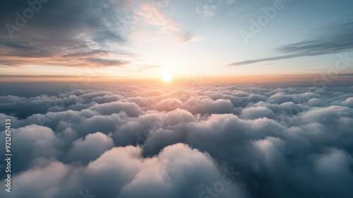 The image depicts the sun breaking through the dense clouds, casting a soft and gentle glow over the sky, creating a peaceful and serene environment. photo