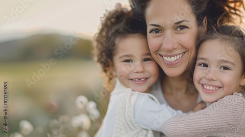 Mother and Daughters Enjoying a Warm Embrace Outdoors in Autumn