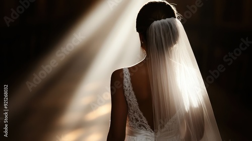 A photographer captures the back view of a bride in a white lace dress and flowing veil as she walks towards the ceremony, light beams highlighting her path. photo