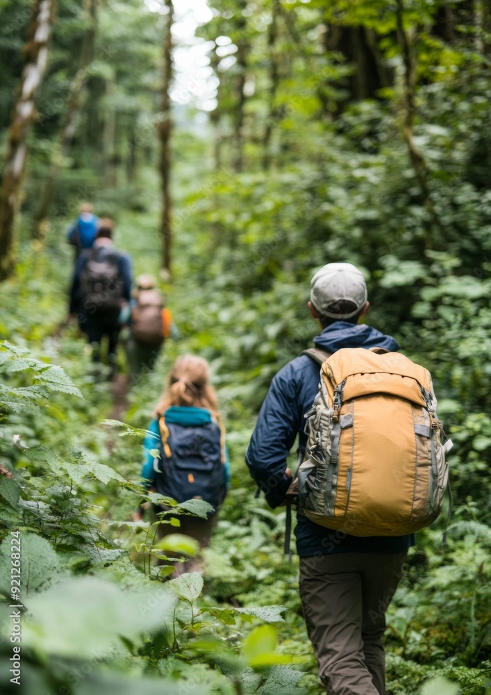 Diverse Group of Hikers Exploring Dense Forest A Man, Young Woman, and Child Enjoying Nature Hike Together in Daylight, Equipped with Backpacks and Hiking Gear Diverse Group of Hikers Exploring Dense Forest A Man, Young Woman, and Child Enjoying Nature Hike Together in Daylight, Equipped with Backpacks and Hiking Gear