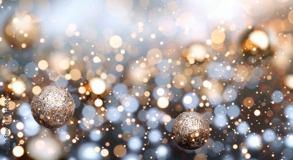 Sparkling Gold Ornaments on Glittering Background During Winter Holidays Sparkling Gold Ornaments on Glittering Background During Winter Holidays