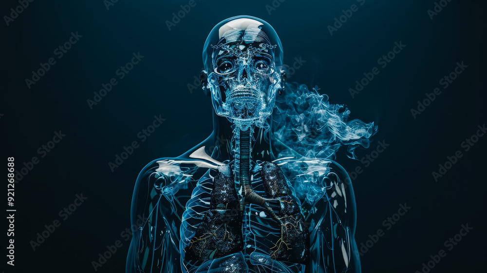 A man's body is shown in blue with a blue smoke surrounding him. The smoke is coming from his lungs, which are shown in detail. Concept of the importance of the lungs A man's body is shown in blue with a blue smoke surrounding him. The smoke is coming from his lungs, which are shown in detail. Concept of the importance of the lungs