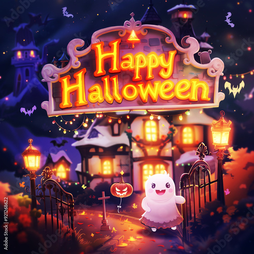 Happy Halloween template or Party invitation card background with Cute Ghost, house, and pumpkins, 